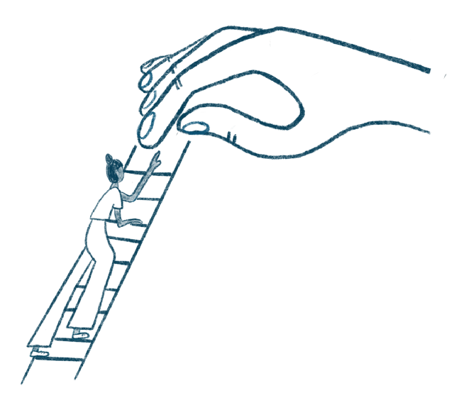 Illustration: A person climbing a ladder towards a large hand