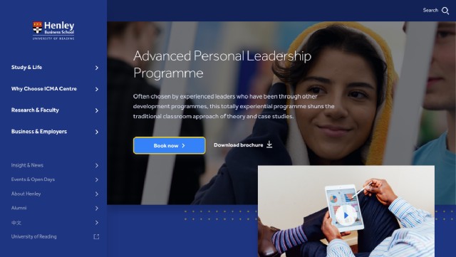 A desktop mockup of a course page on the Henley Business School website