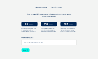 The Rivers Trust online donation form, showing what your donation could be used toward