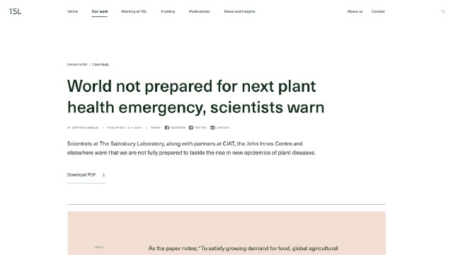 A desktop mockup of a news article on The Sainsbury Laboratory website