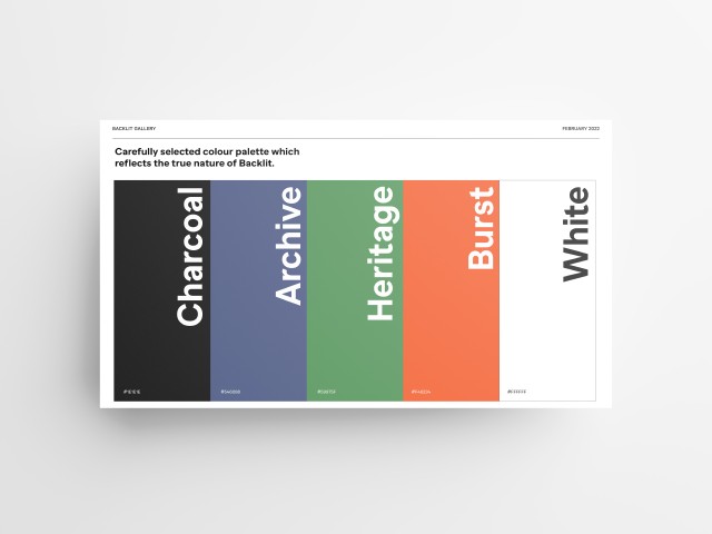 Colours of the Backlit online brand shown in stripes in a document. The colours are charcoal, blue-grey, green, orange and white