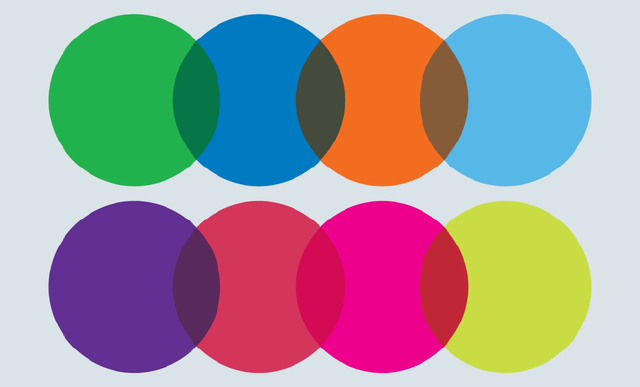 8 coloured circles overlapping in two rows